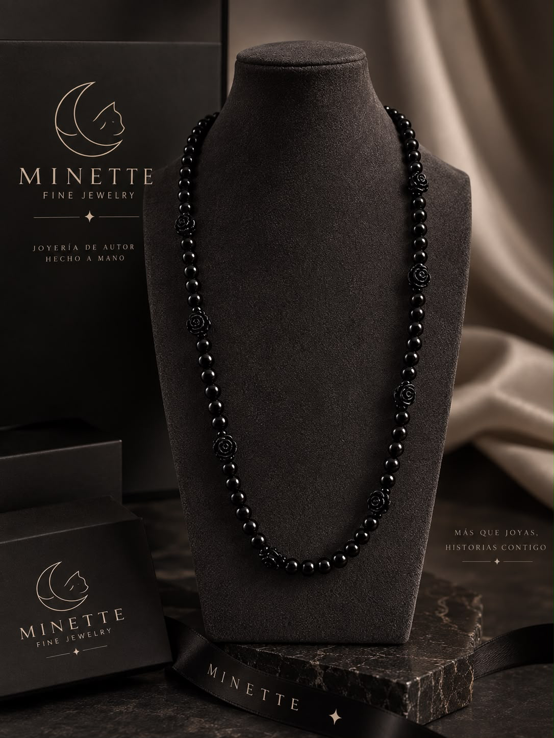 Collar de Obsidiana Negra con Rosas Talladas - Minette Fine Jewelry
